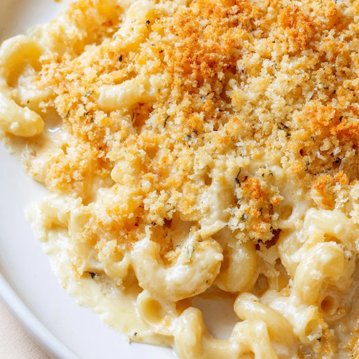 Golden bubbly three cheese baked macaroni with crispy panko topping fresh from the oven