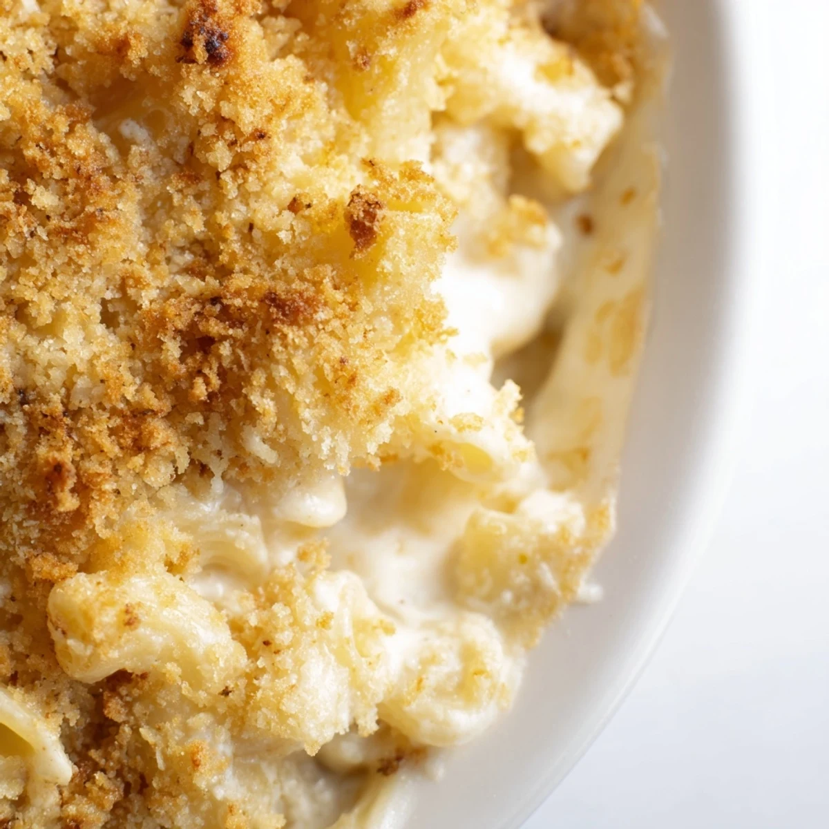 Creamy three cheese baked macaroni served steaming in a rustic white ceramic dish