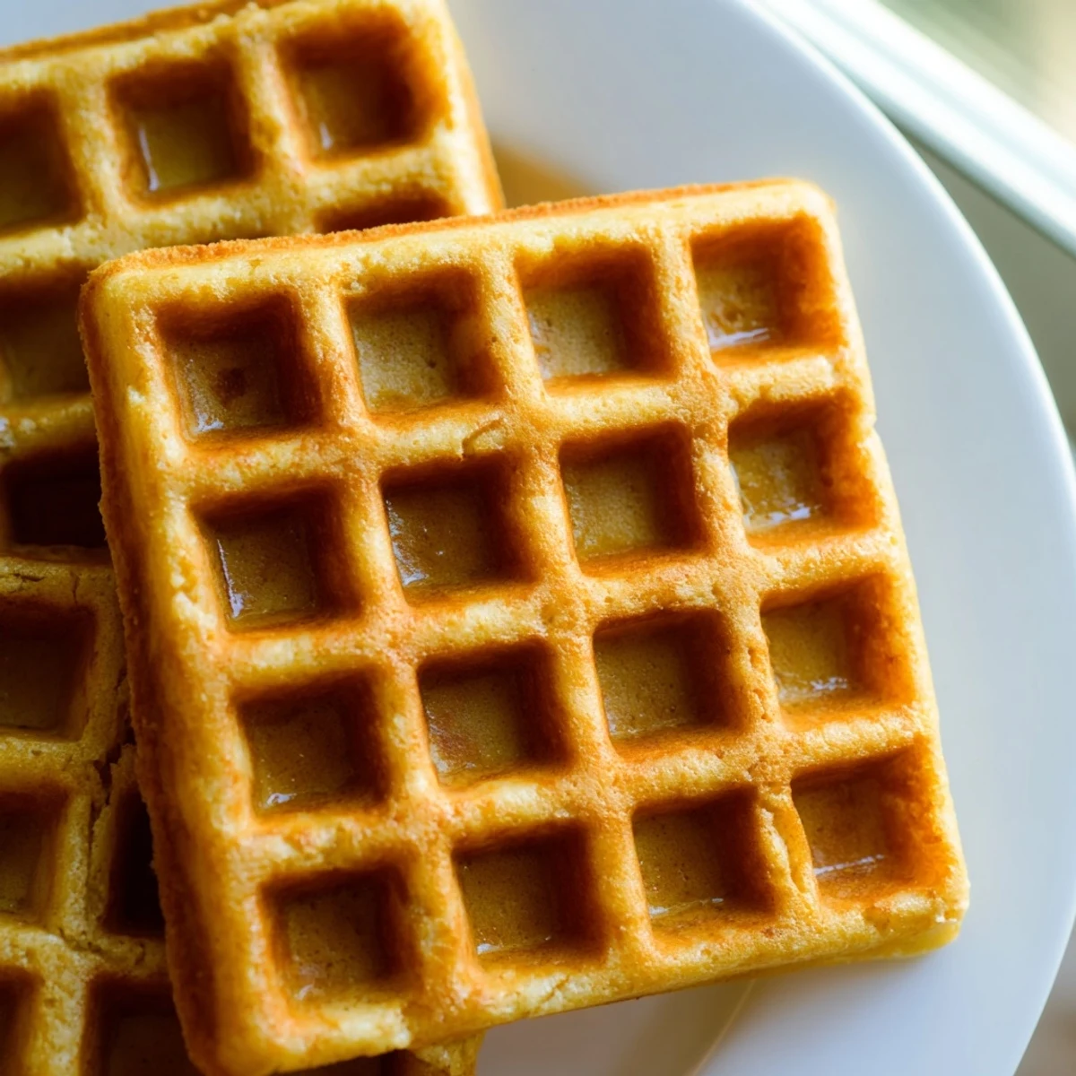 Golden brown Greek Yogurt Waffles stacked on a plate with fresh berries and maple syrup