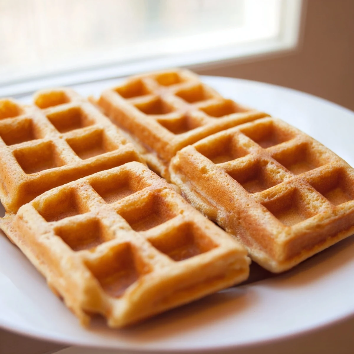 Crisp Greek Yogurt Waffles topped with whipped cream and drizzled honey on white ceramic plate