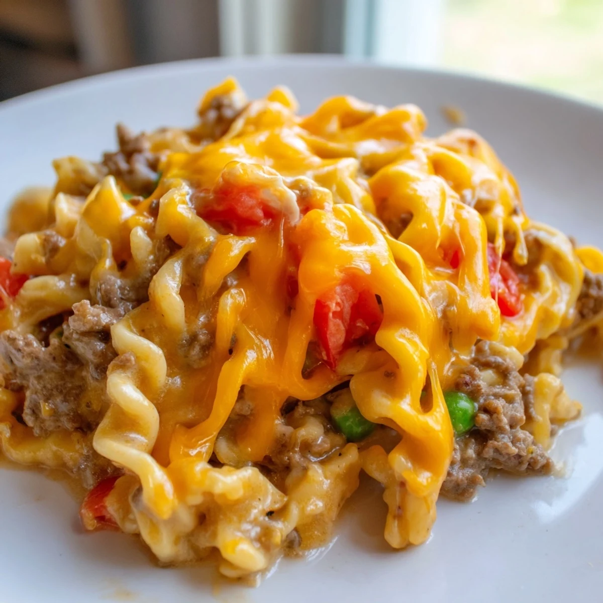 Golden bubbly cheesy beef and noodle casserole fresh from the oven with melted cheddar topping