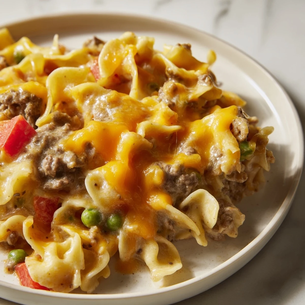 Creamy cheesy beef and noodle casserole with tender egg noodles in a rich savory beef sauce