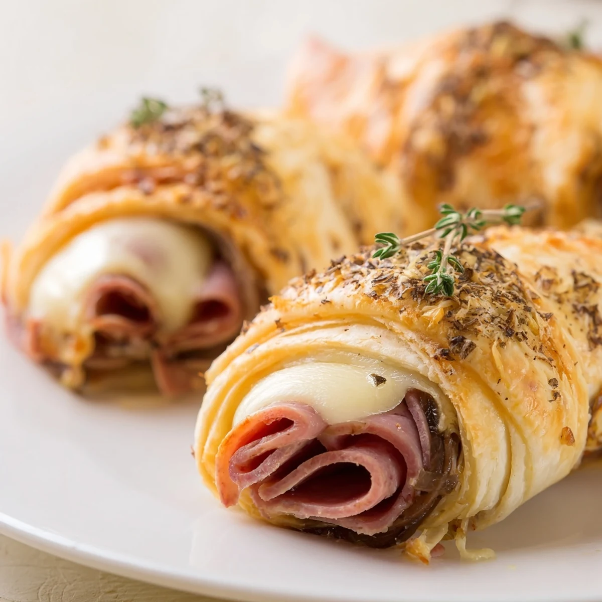 Golden beef and cheese French dip roll ups served with savory au jus dipping sauce on a rustic plate
