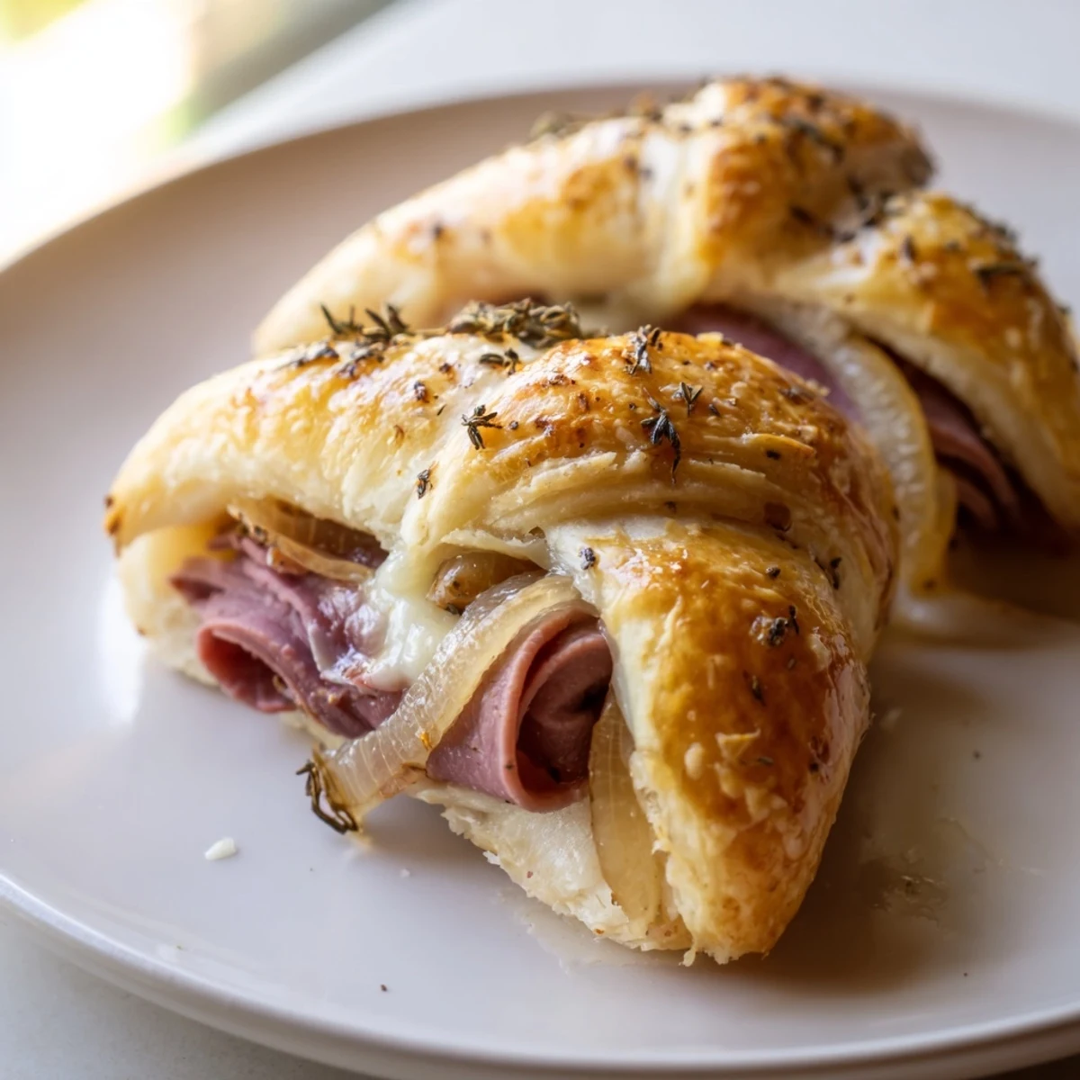 Crescent dough beef and cheese French dip roll ups with melty provolone and caramelized onion filling