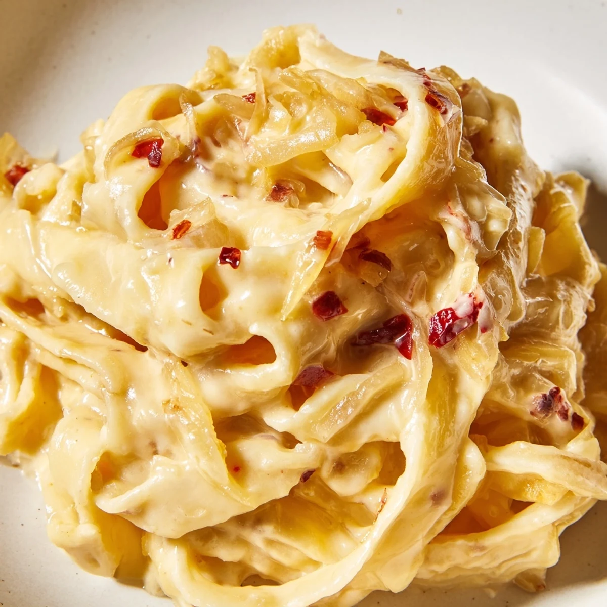 Creamy Sweet Heat Caramelized Onion Fettuccine topped with fresh parsley and Parmesan cheese