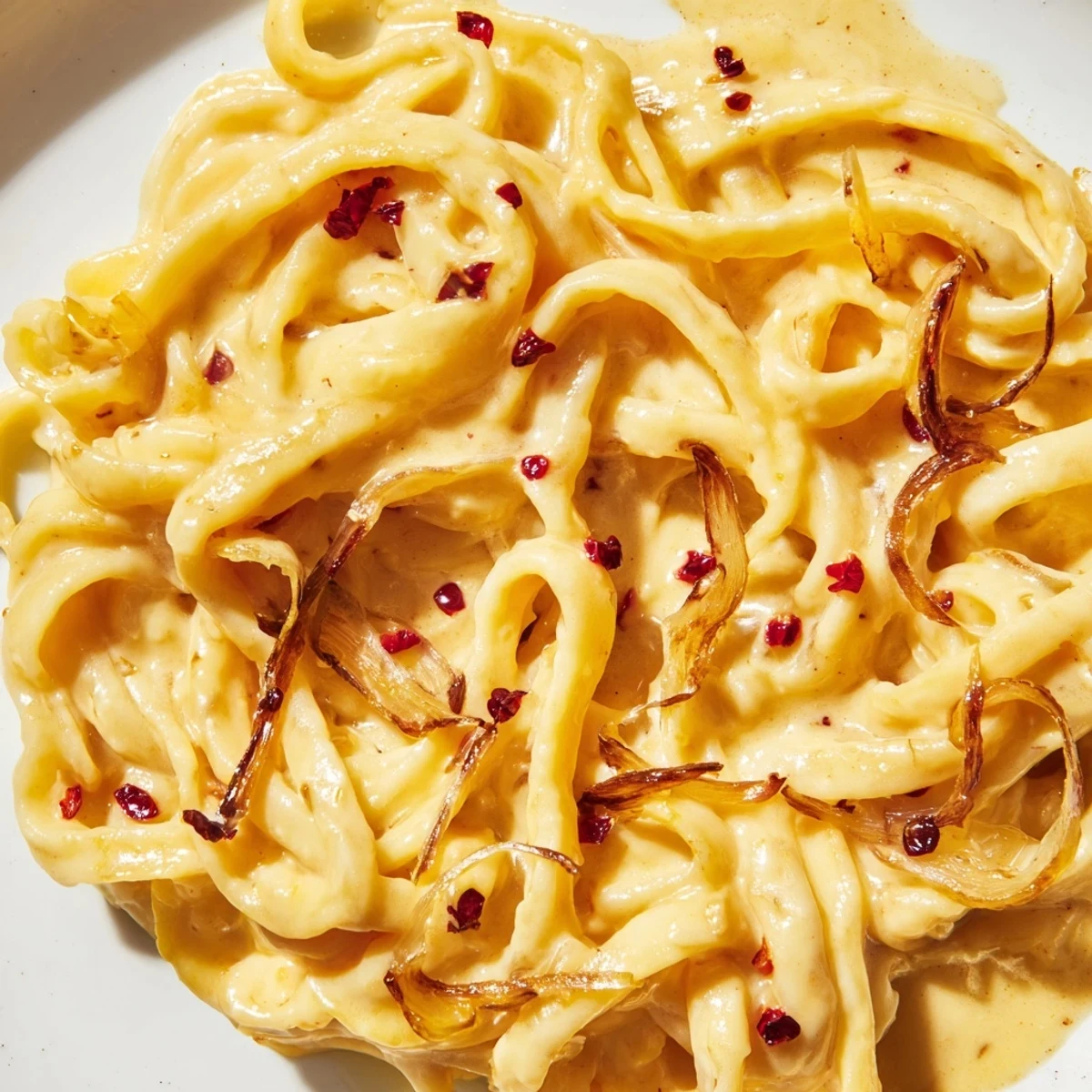 Golden caramelized onions coat Sweet Heat Caramelized Onion Fettuccine in a rich, creamy sauce