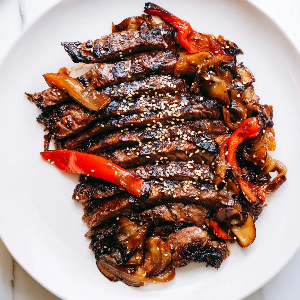 Sizzling Beef Yakiniku with caramelized edges served alongside charred vegetables and fluffy white rice