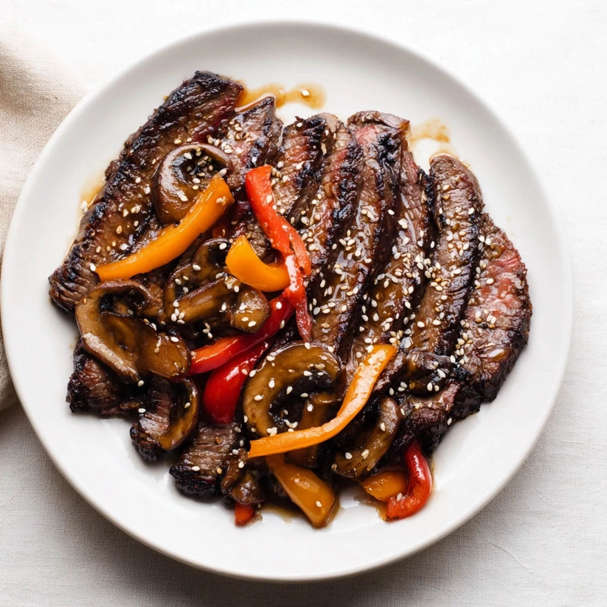 Thinly sliced Beef Yakiniku grilling to perfection with colorful bell peppers and tender shiitake mushrooms