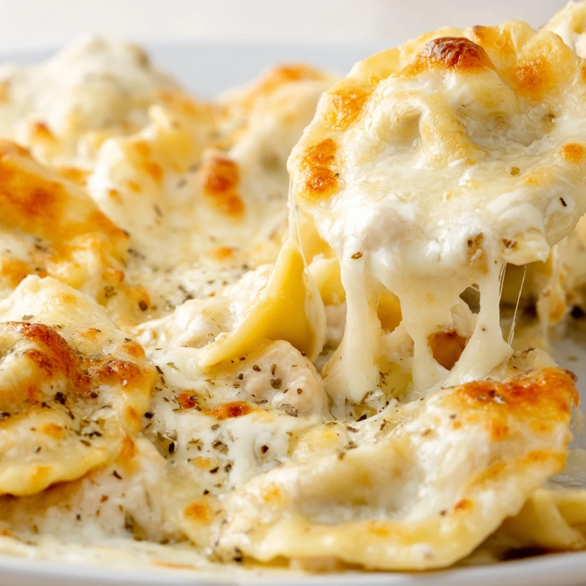 Golden bubbly chicken Alfredo baked ravioli casserole topped with melted mozzarella and fresh parsley