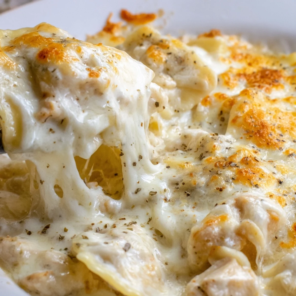 Creamy chicken Alfredo baked ravioli served steaming from a 9x13 dish with golden cheese