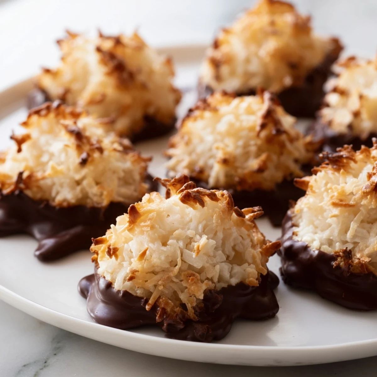 Golden chewy coconut macaroons with crispy edges on a white baking sheet