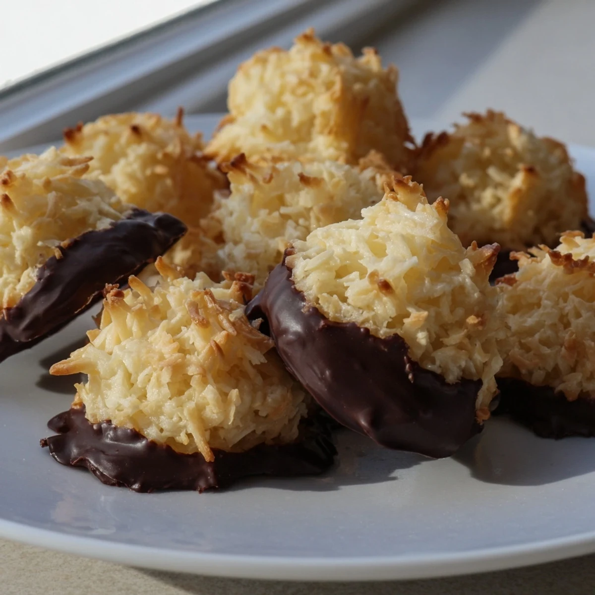 Chewy coconut macaroons dipped in rich melted chocolate, arranged on parchment paper