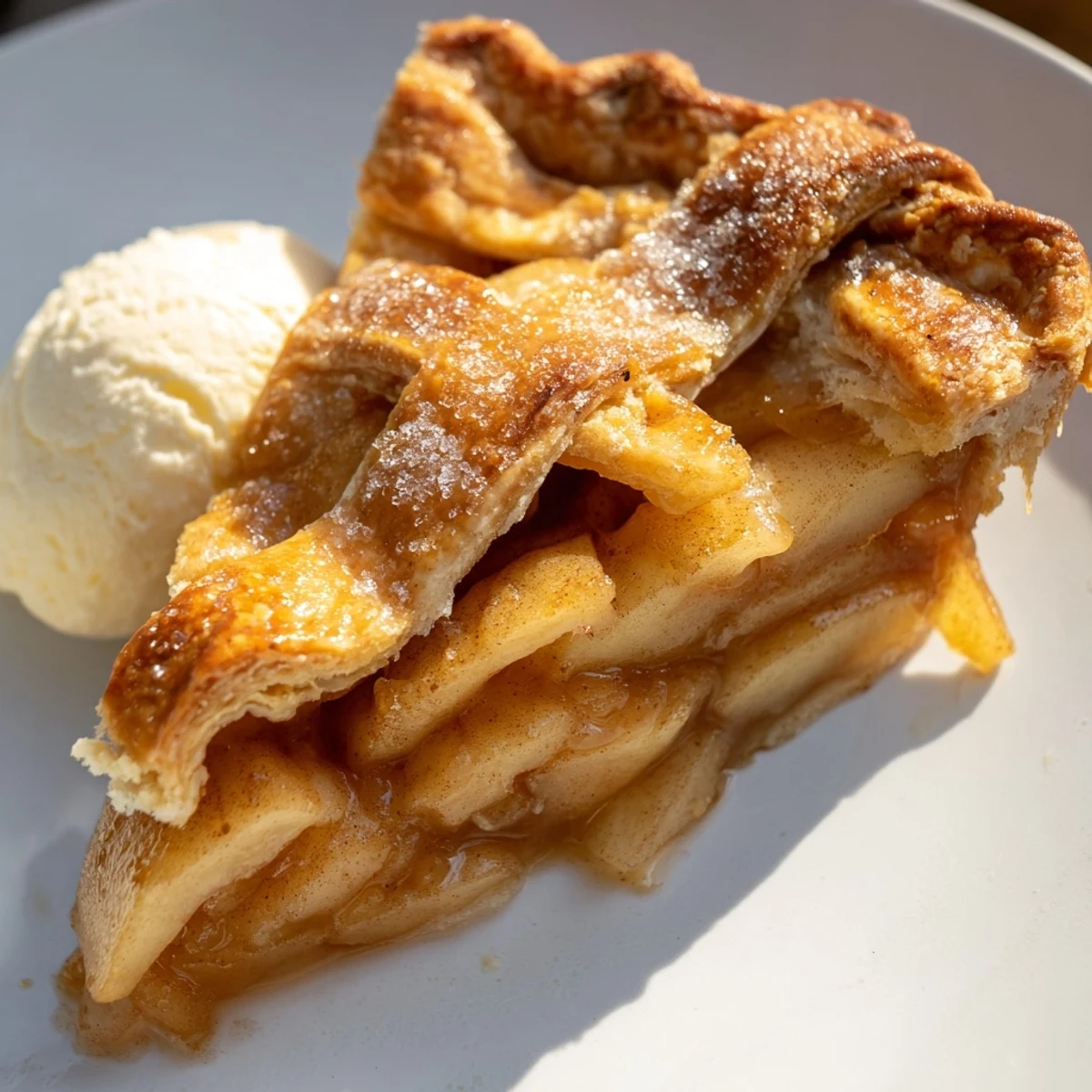 Golden apple pie with flaky crust served warm on a rustic ceramic plate with melting vanilla ice cream