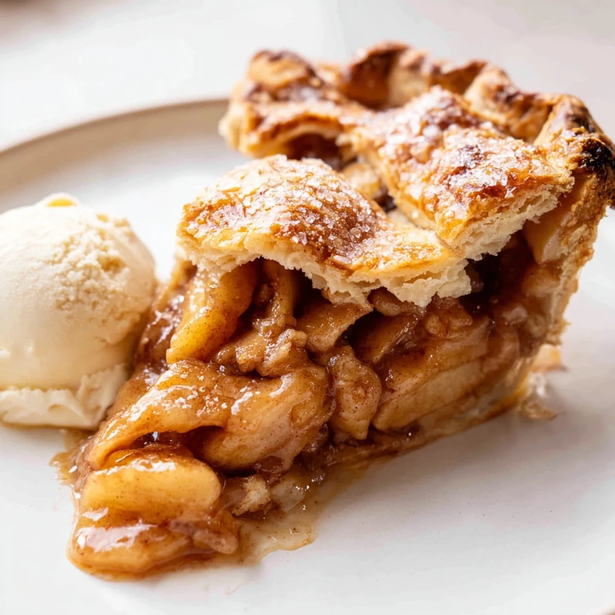 Classic apple pie filling bubbles through lattice crust with cinnamon spiced apples and buttery golden edges