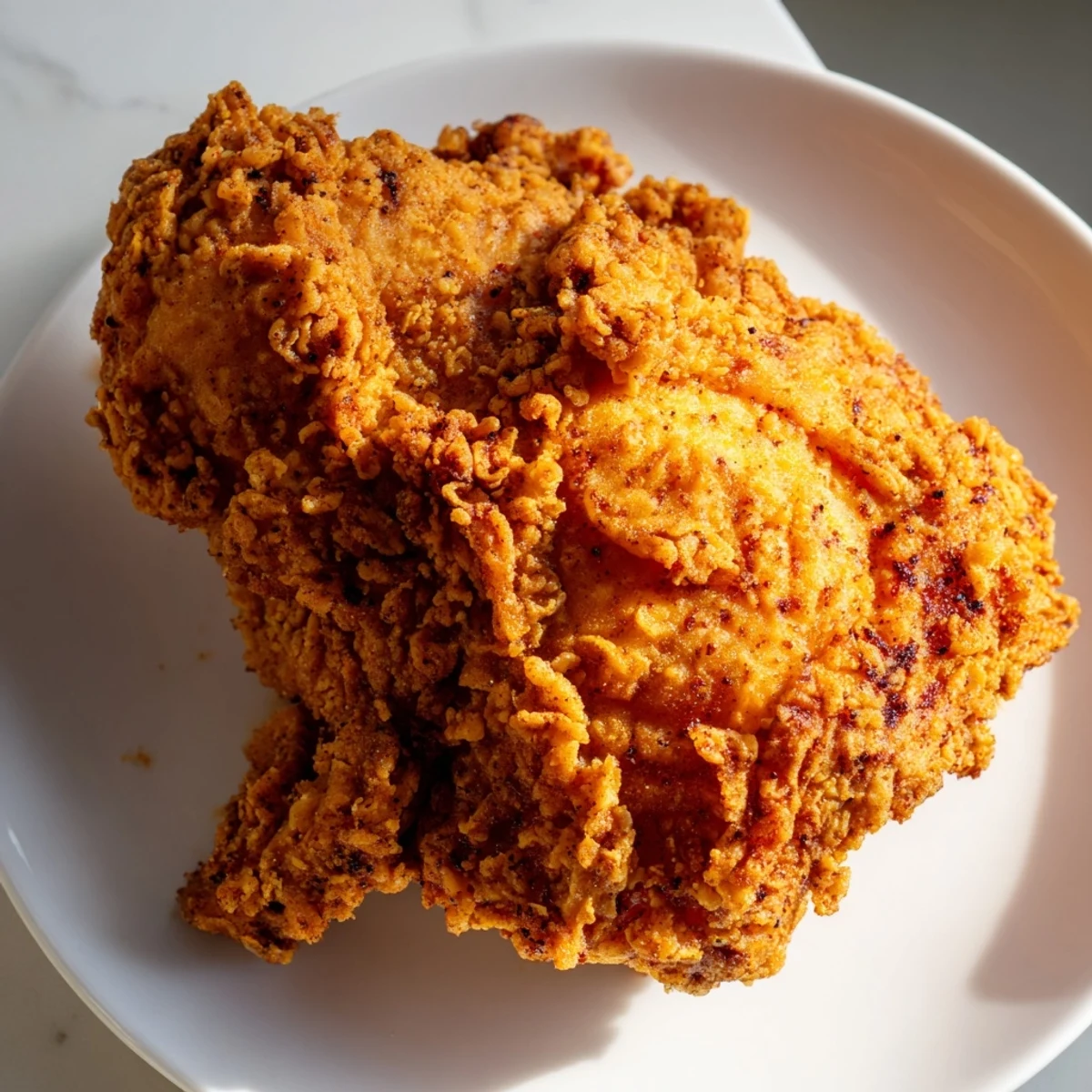 Golden brown fried chicken served on a white plate with creamy dipping sauce