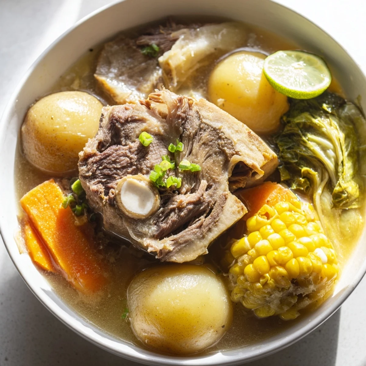 Hearty Filipino Bulalo Beef Shank Soup ladled into a bowl with bone marrow