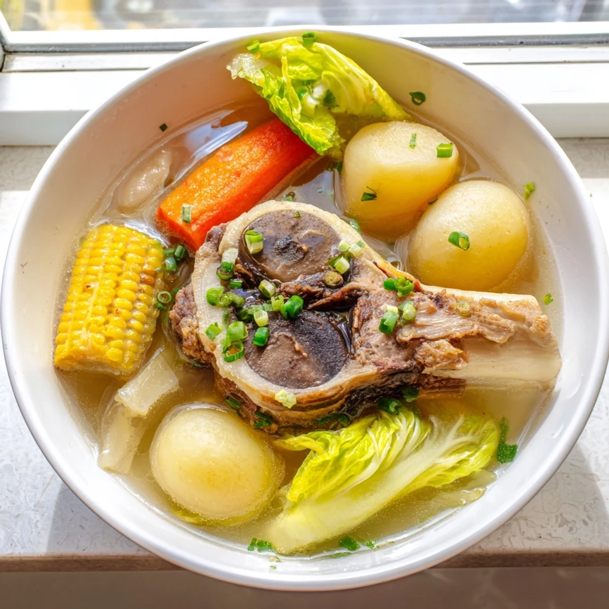 Steaming bowl of Filipino Bulalo Beef Shank Soup with golden broth and tender vegetables