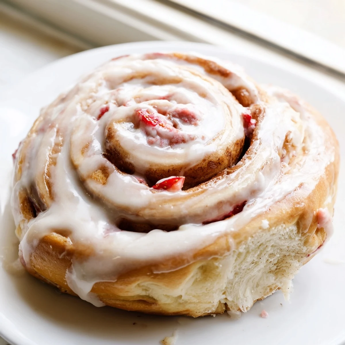 Golden Strawberry Cheesecake Cinnabon Rolls drizzled with creamy vanilla glaze on white plate