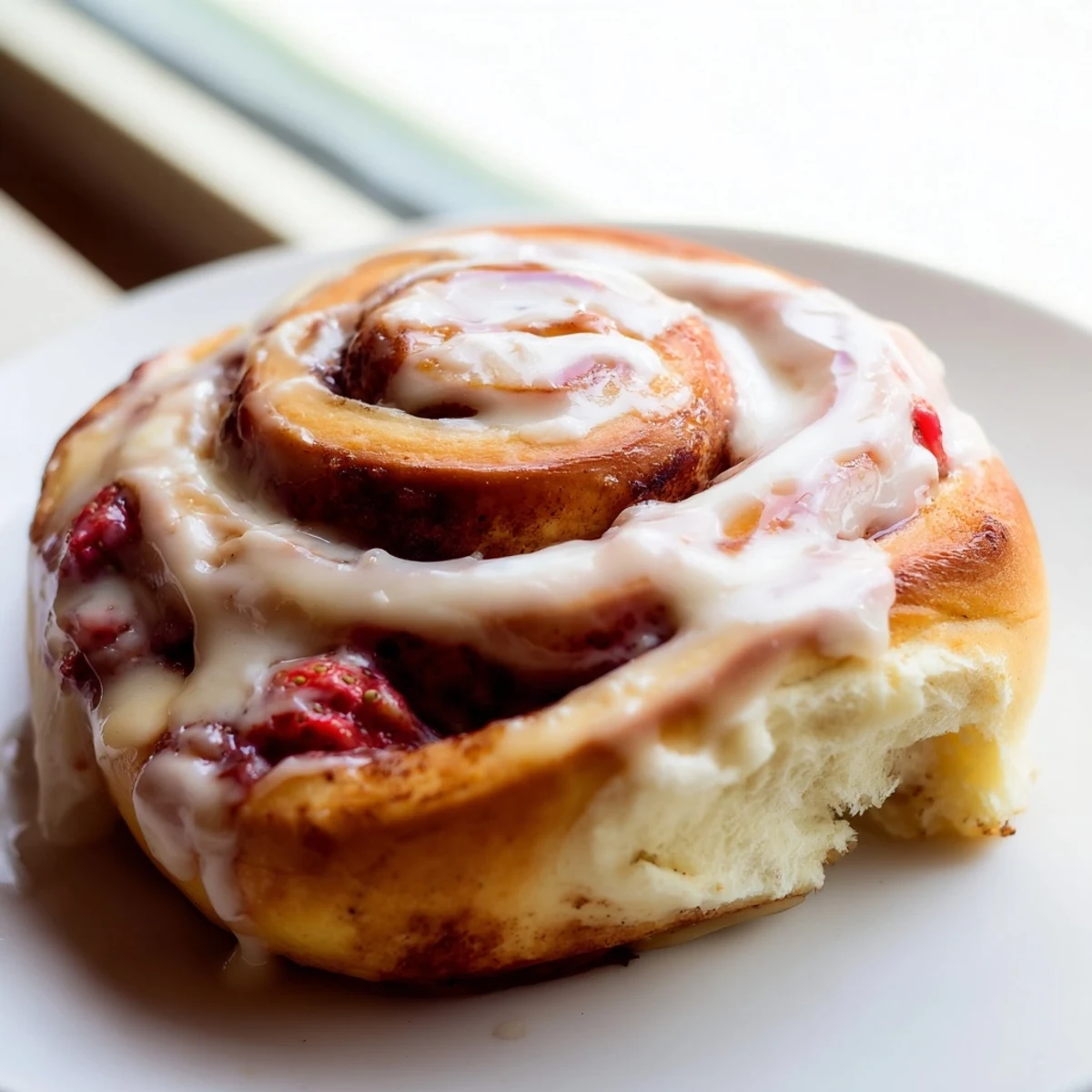 Warm Strawberry Cheesecake Cinnabon Rolls topped with luscious vanilla icing, fresh berries, and cinnamon swirls