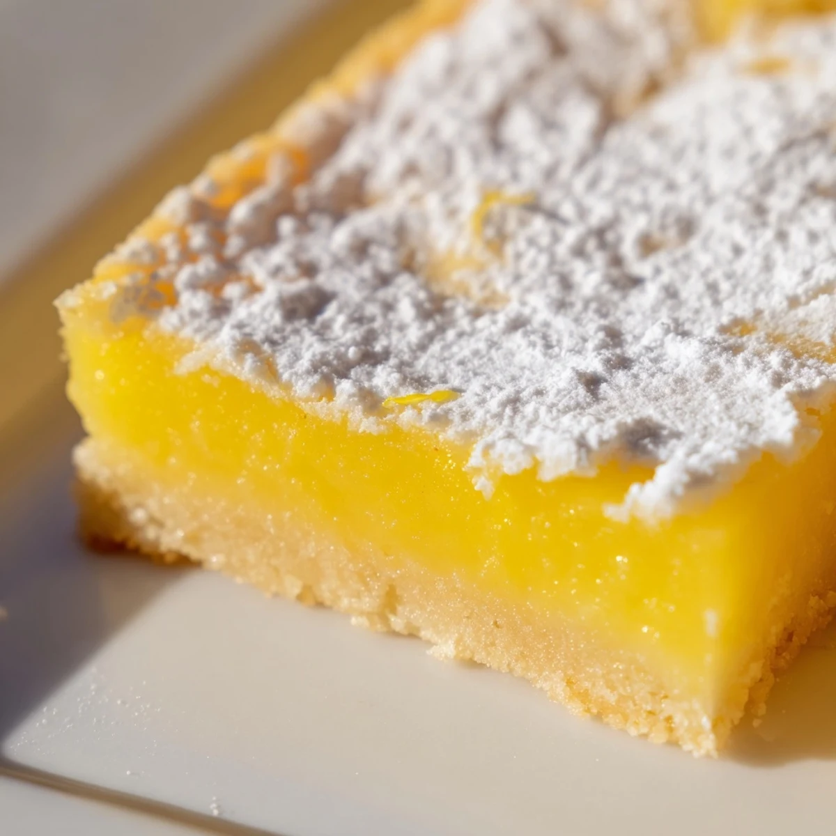 Golden lemon bars with powdered sugar dusting on a rustic white serving plate