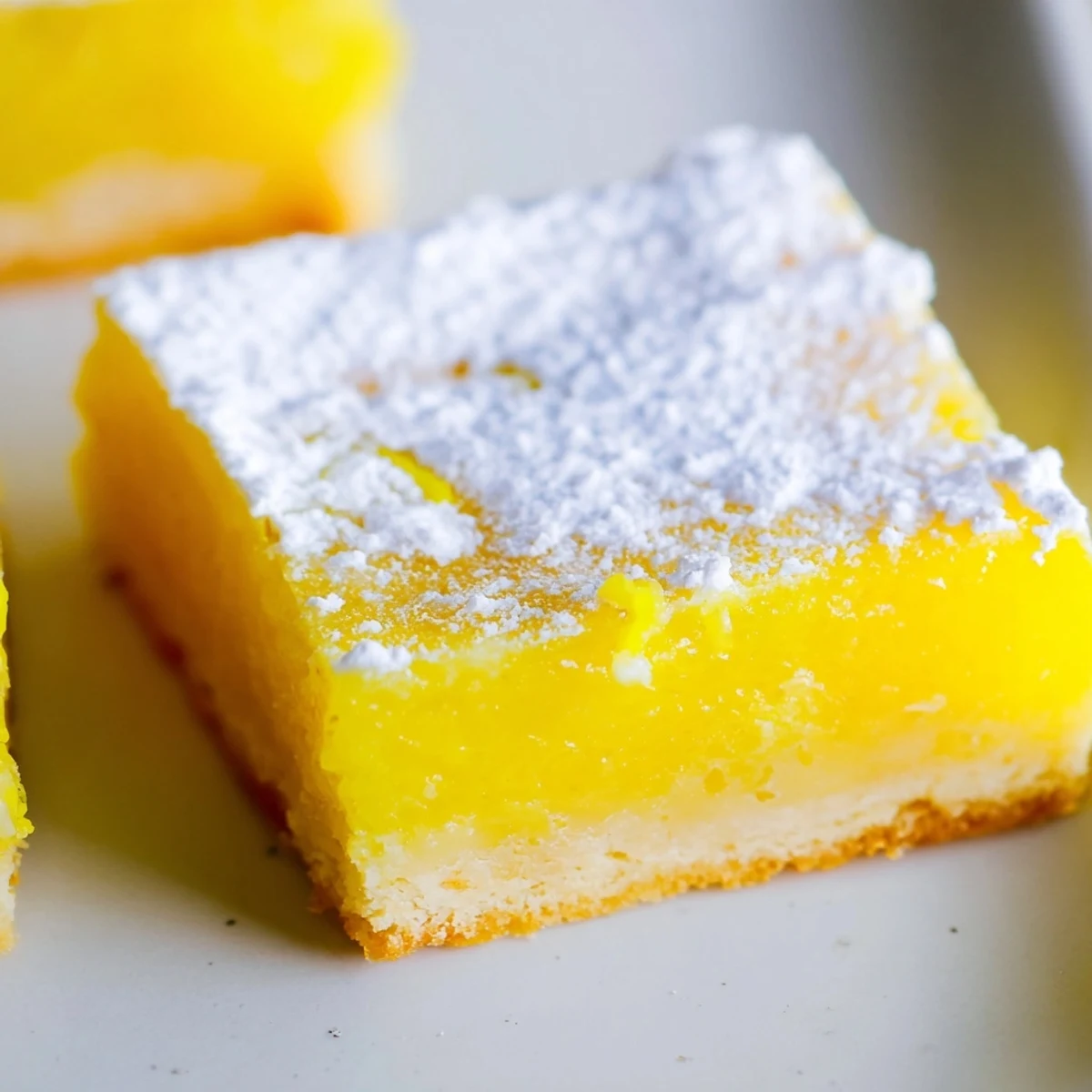 Tangy lemon bars sliced into perfect squares showcasing bright yellow silky filling