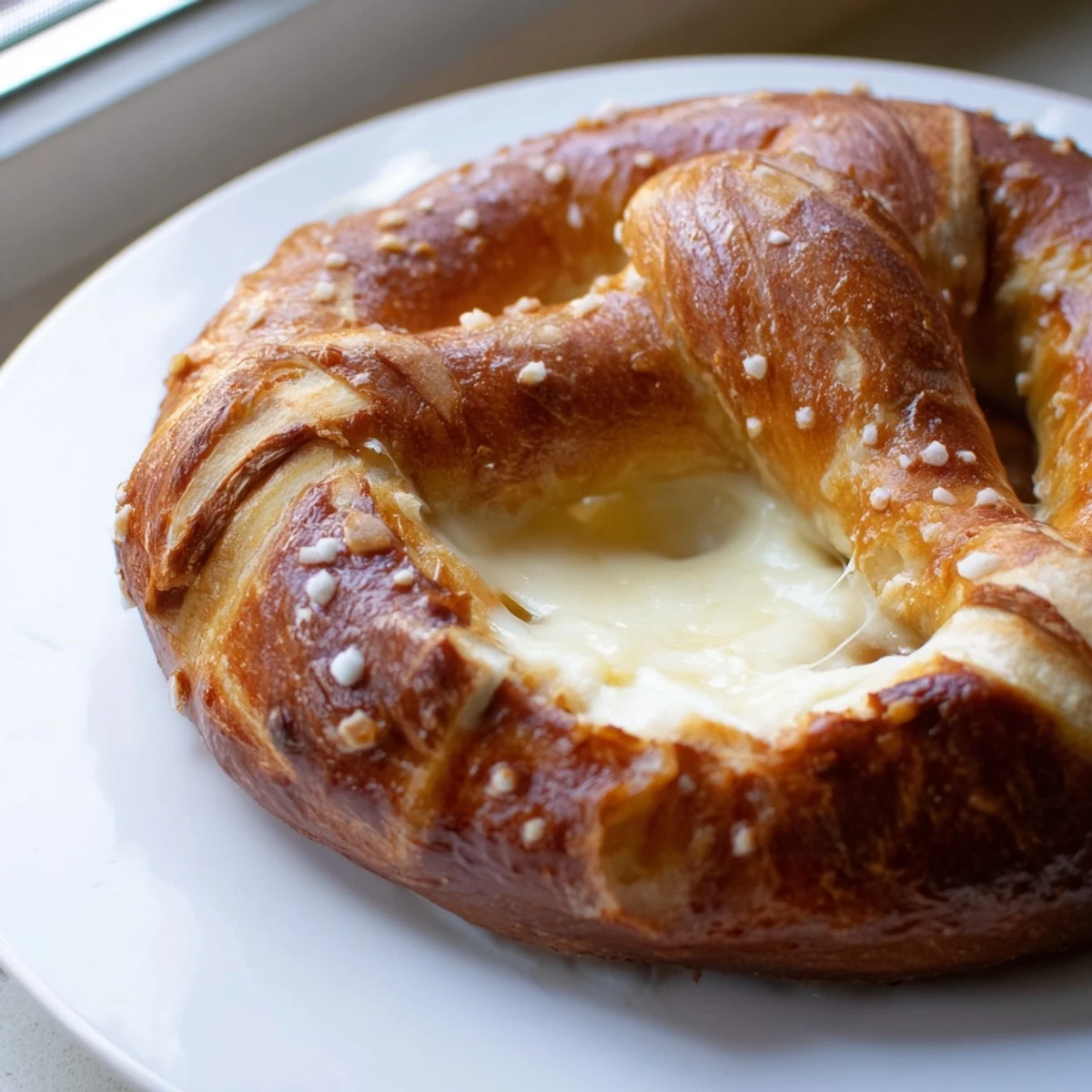 Golden mozzarella stuffed soft pretzels fresh from the oven with coarse salt