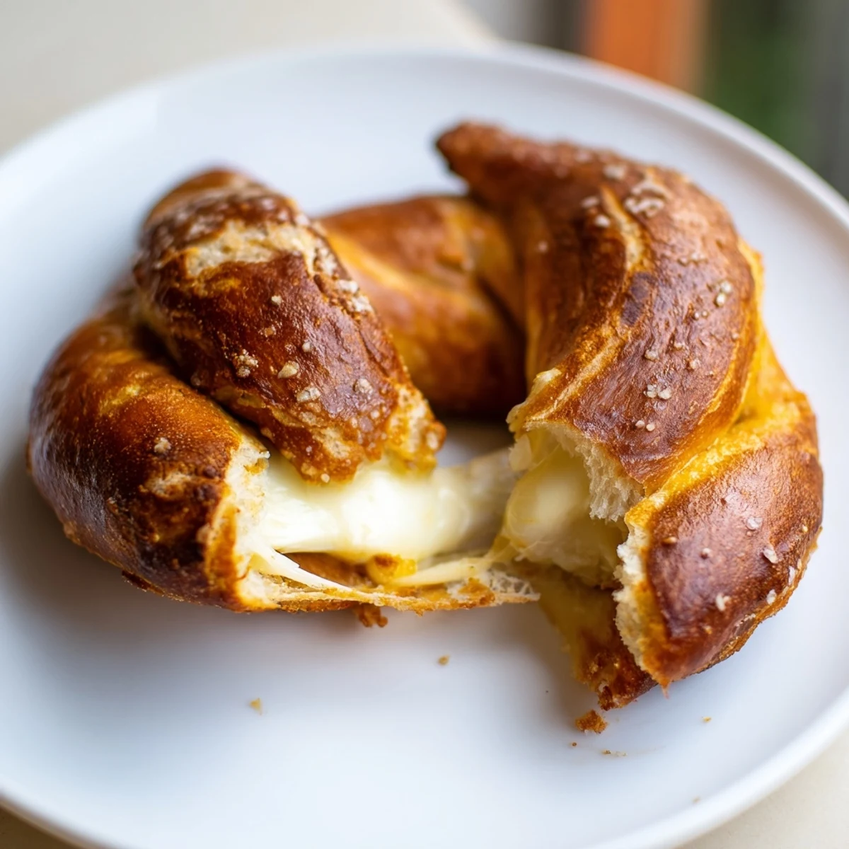 Warm mozzarella stuffed soft pretzels with melted cheese oozing from inside