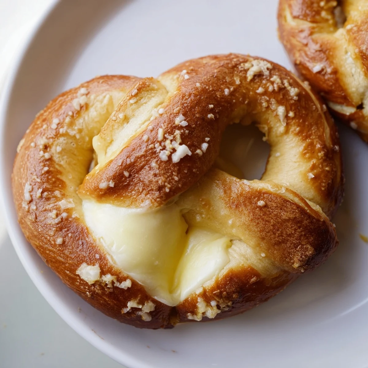 Chewy mozzarella stuffed soft pretzels brushed with butter and sprinkled with salt