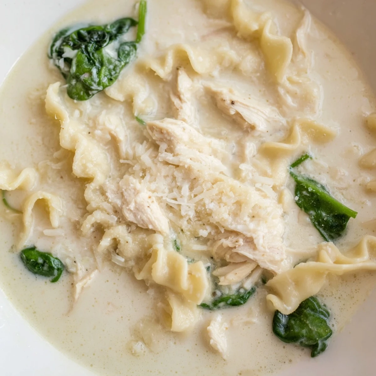 Creamy white lasagna soup with tender noodles and melted cheese in a white bowl