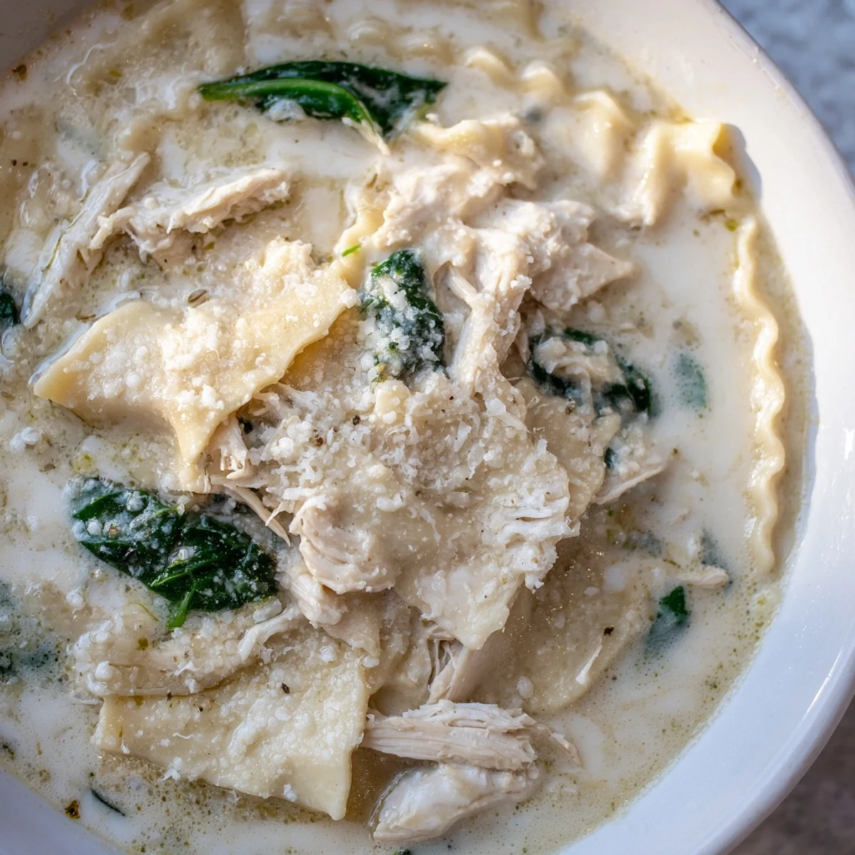 Steaming bowl of white lasagna soup topped with melted mozzarella and fresh herbs