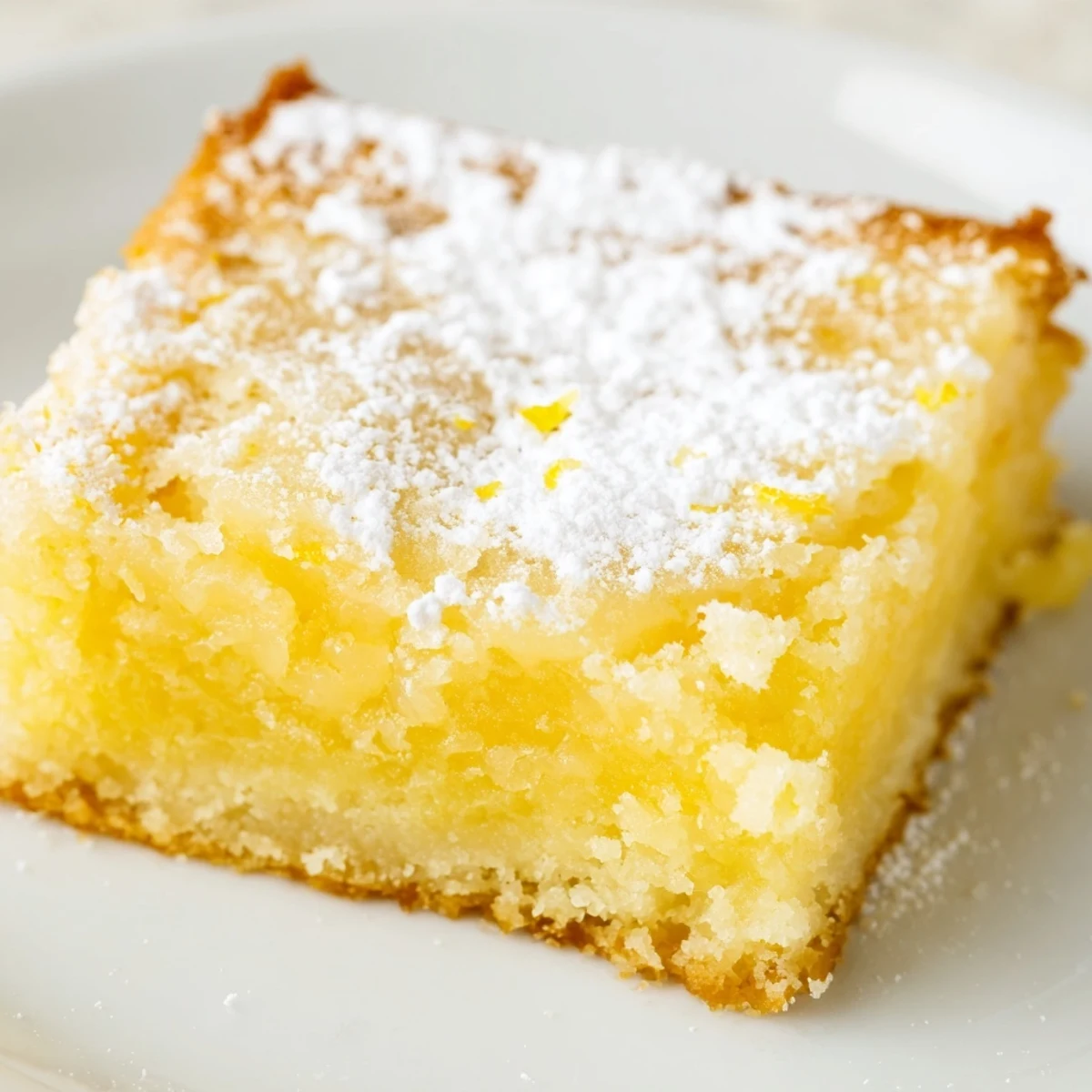 Golden Lemon Gooey Butter Cake squares dusted with powdered sugar on a rustic baking sheet