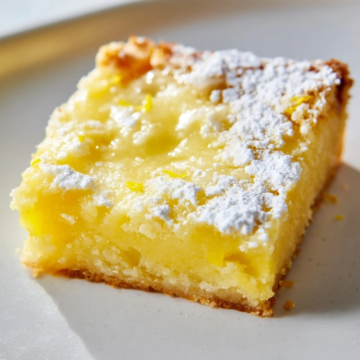 Warm Lemon Gooey Butter Cake pulled fresh from the oven revealing its soft custard-like center