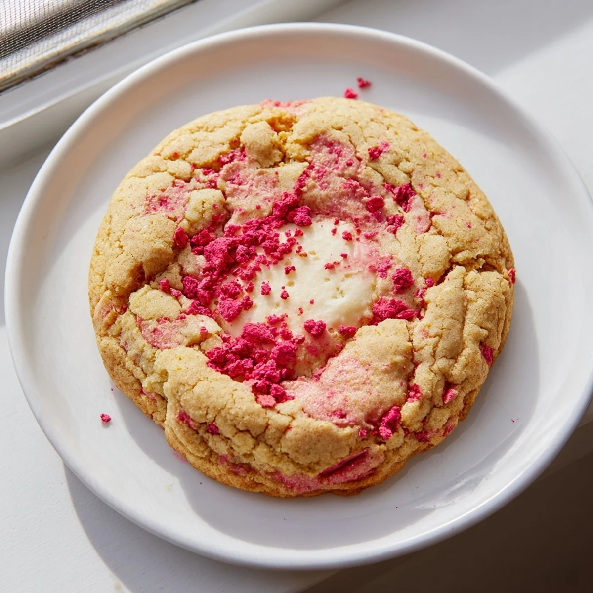 Soft strawberry cheesecake cookies with golden edges and creamy centers on rustic parchment paper