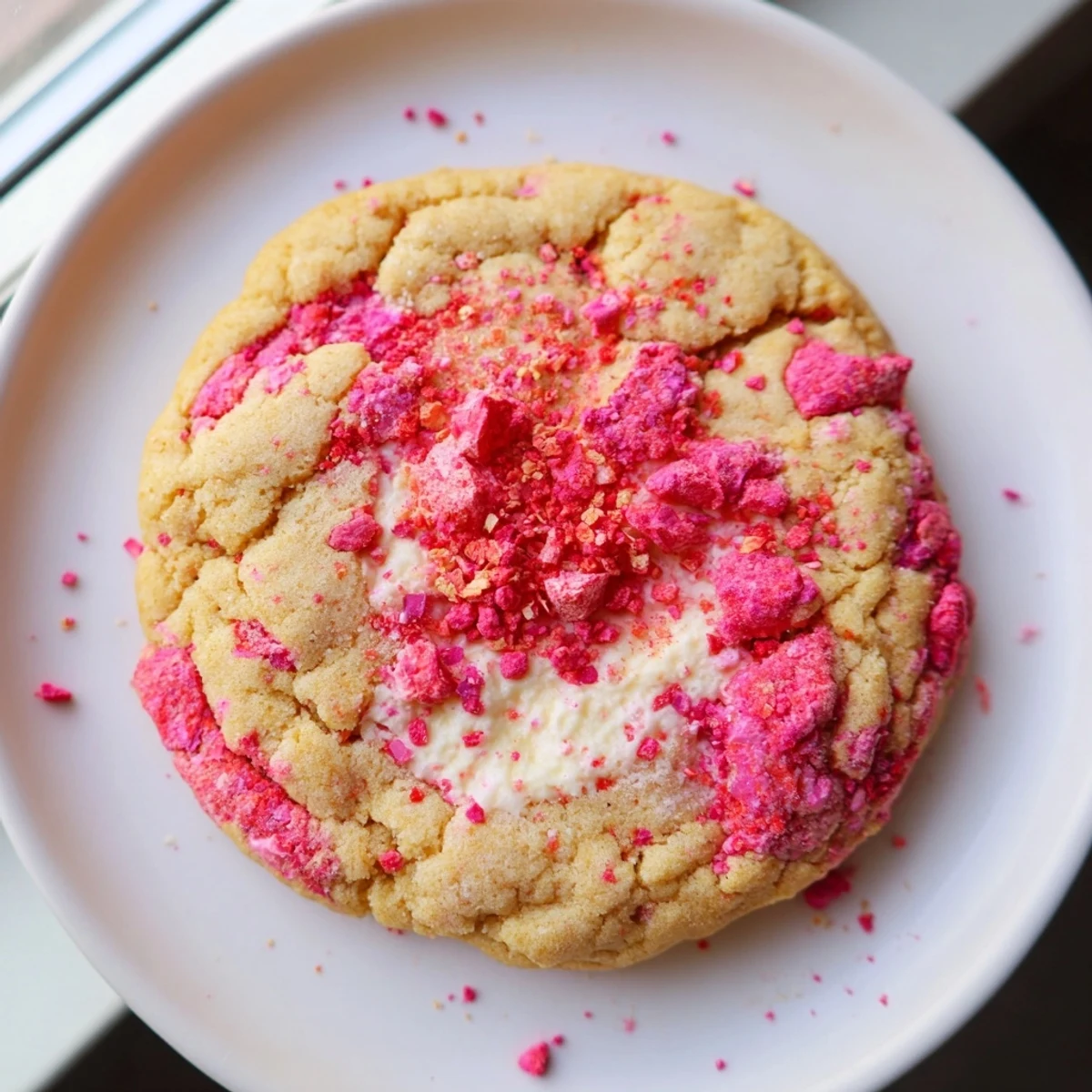 Pink-frosted strawberry cheesecake cookies stacked on white plate showing gooey cream cheese filling