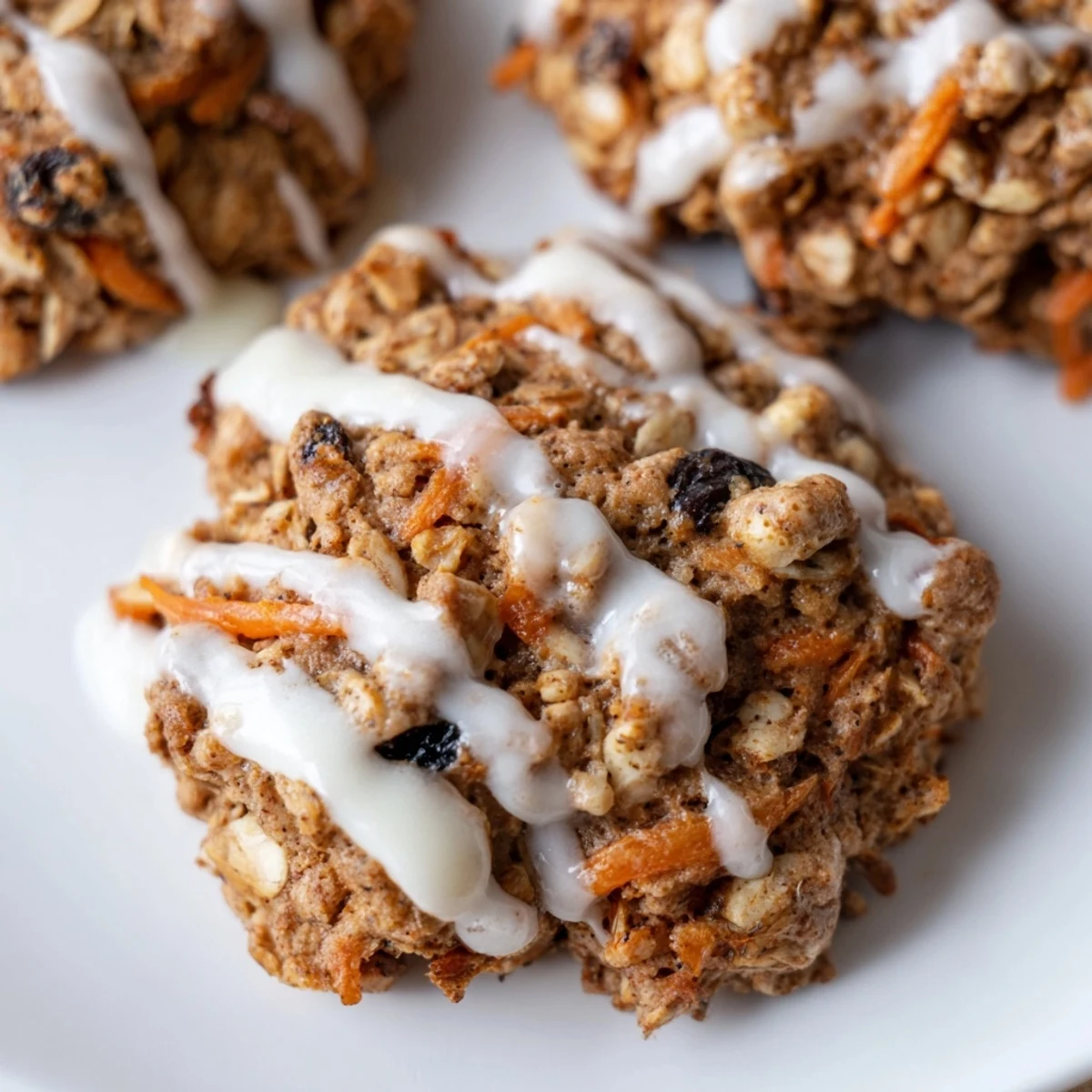 Soft carrot cake cookies with creamy vanilla drizzle on rustic white plate