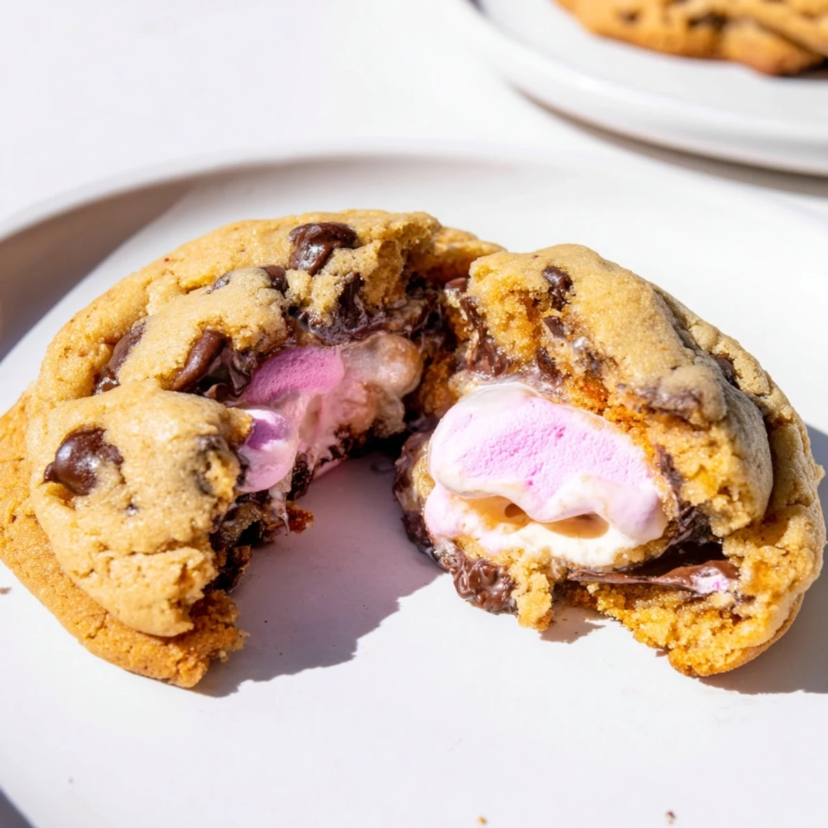 Golden Chocolate Chip Peep Stuffed Easter Cookies with melty marshmallow centers on rustic baking sheet