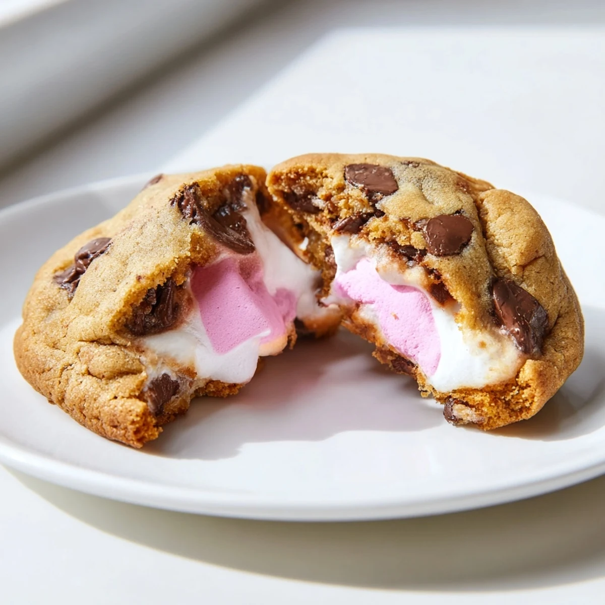 Soft Chocolate Chip Peep Stuffed Easter Cookies revealing colorful marshmallow surprise inside