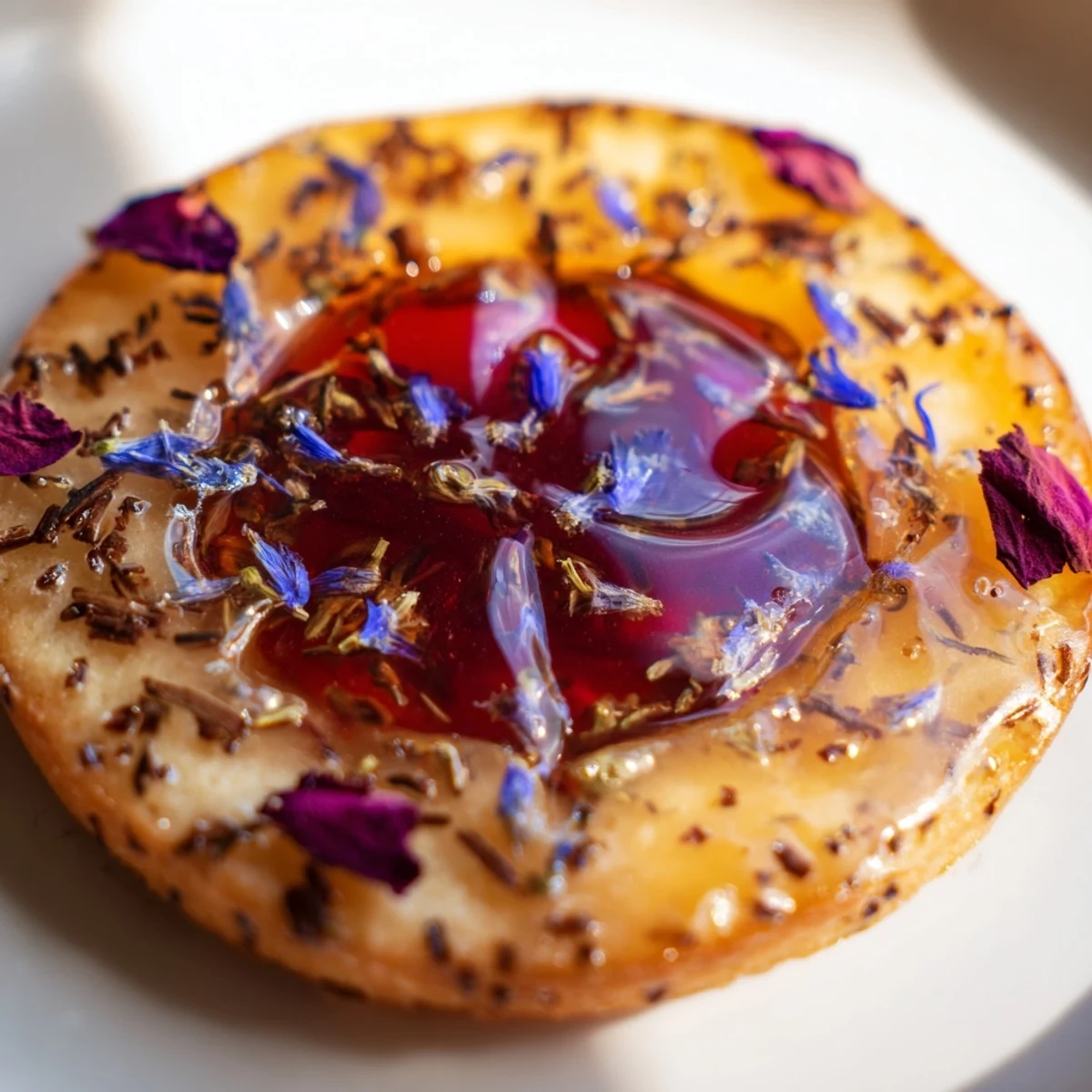 Delicate Earl Grey stained glass floral cookies framed by edible dried violet petals and golden edges