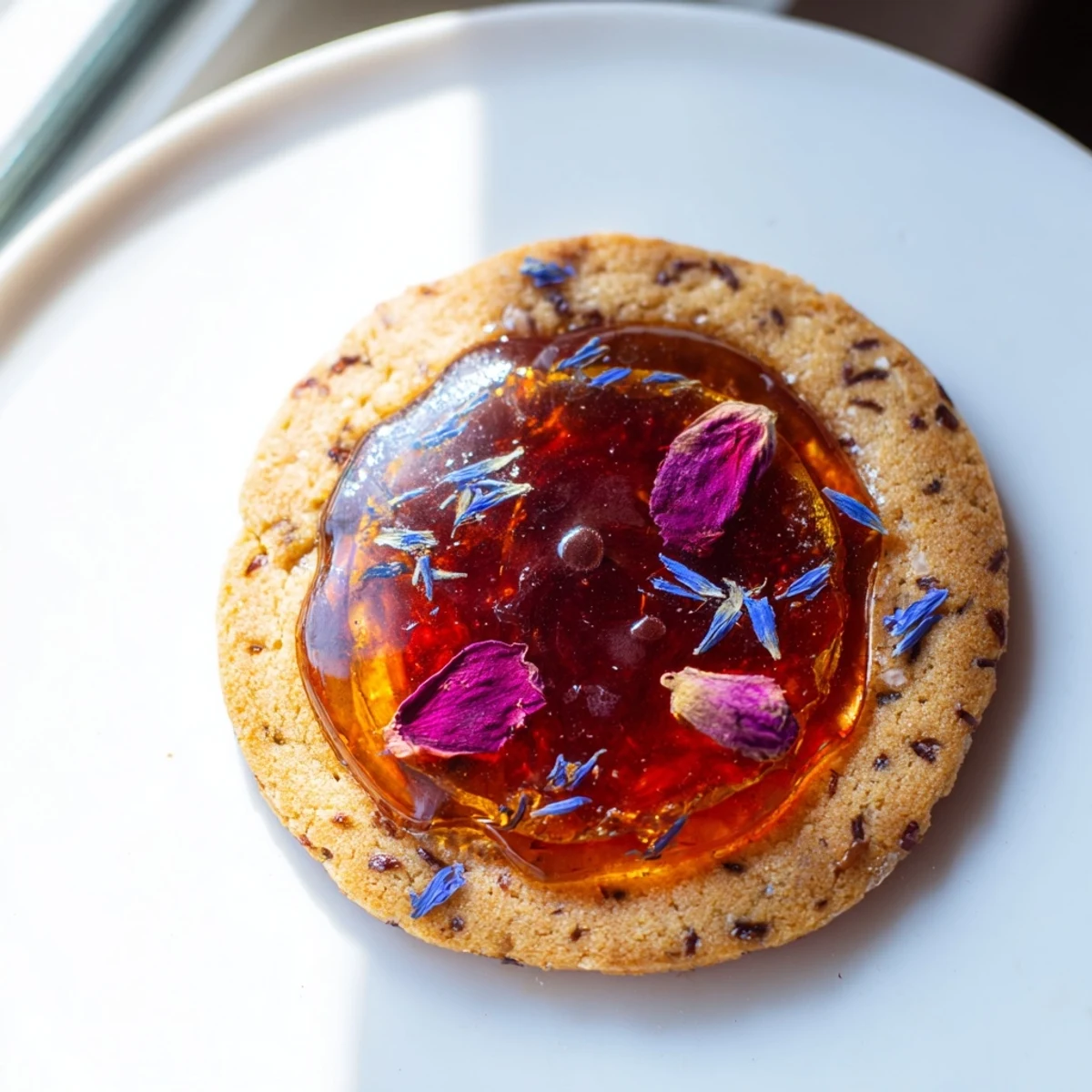 Earl Grey stained glass floral cookies glowing with melted candy on a parchment-lined baking sheet