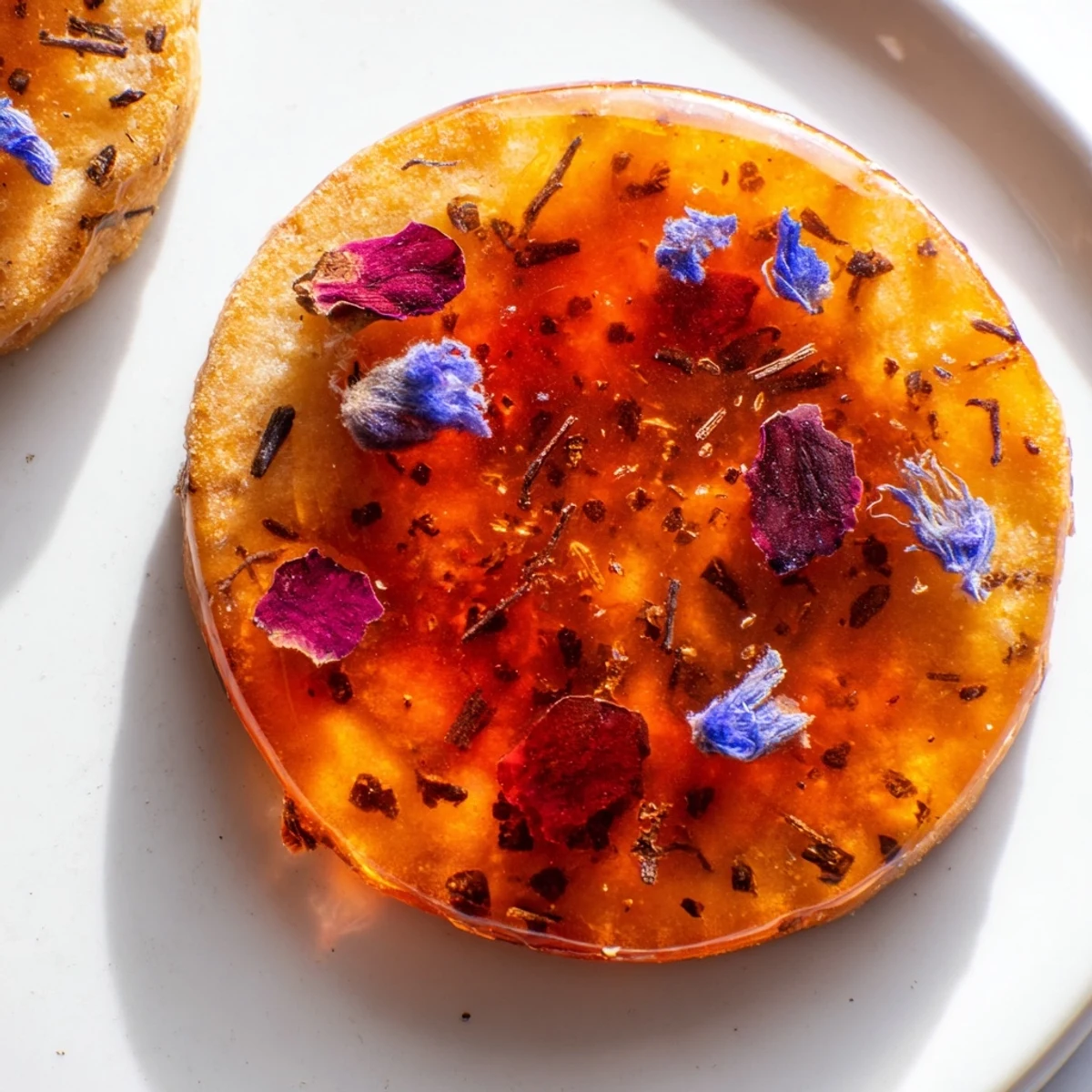 A close-up of Earl Grey stained glass floral cookies arranged on a vintage tea party plate