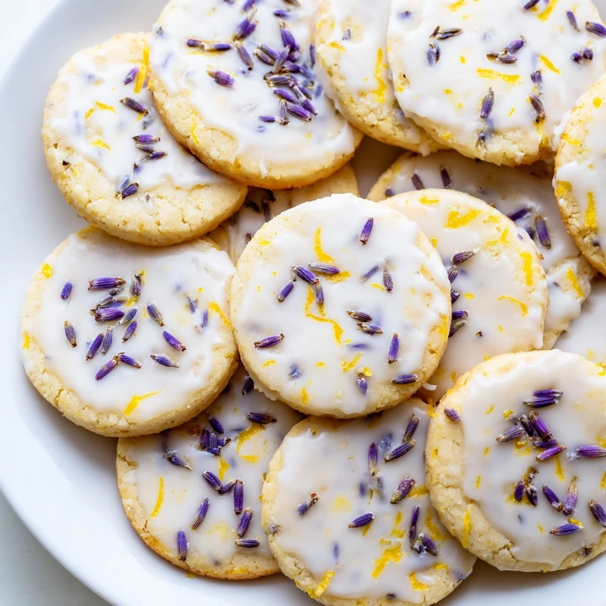 Iced Lemon Lavender Shortbread Cookies drizzled with glossy citrus icing on a rustic plate