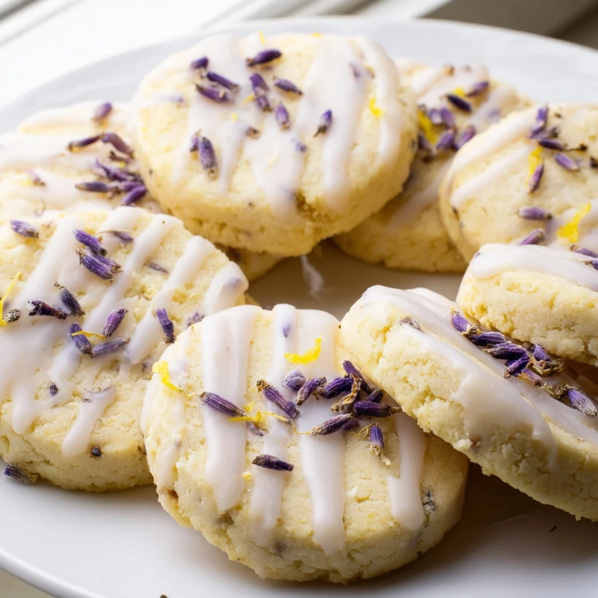 Golden Iced Lemon Lavender Shortbread Cookies scattered with delicate purple lavender buds