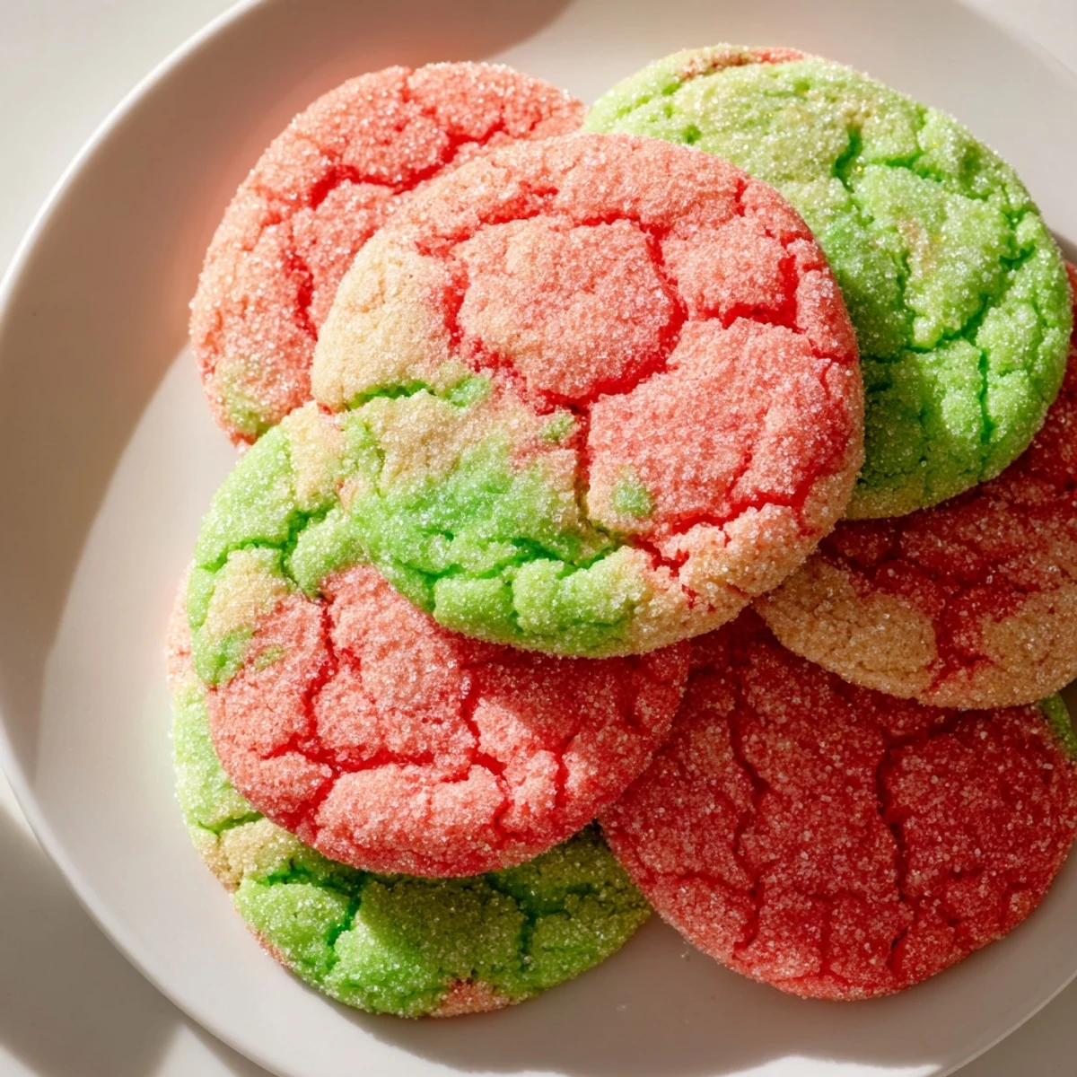 Chewy colorful Jello sugar cookies with crackled sugar coating cooling on a wire rack