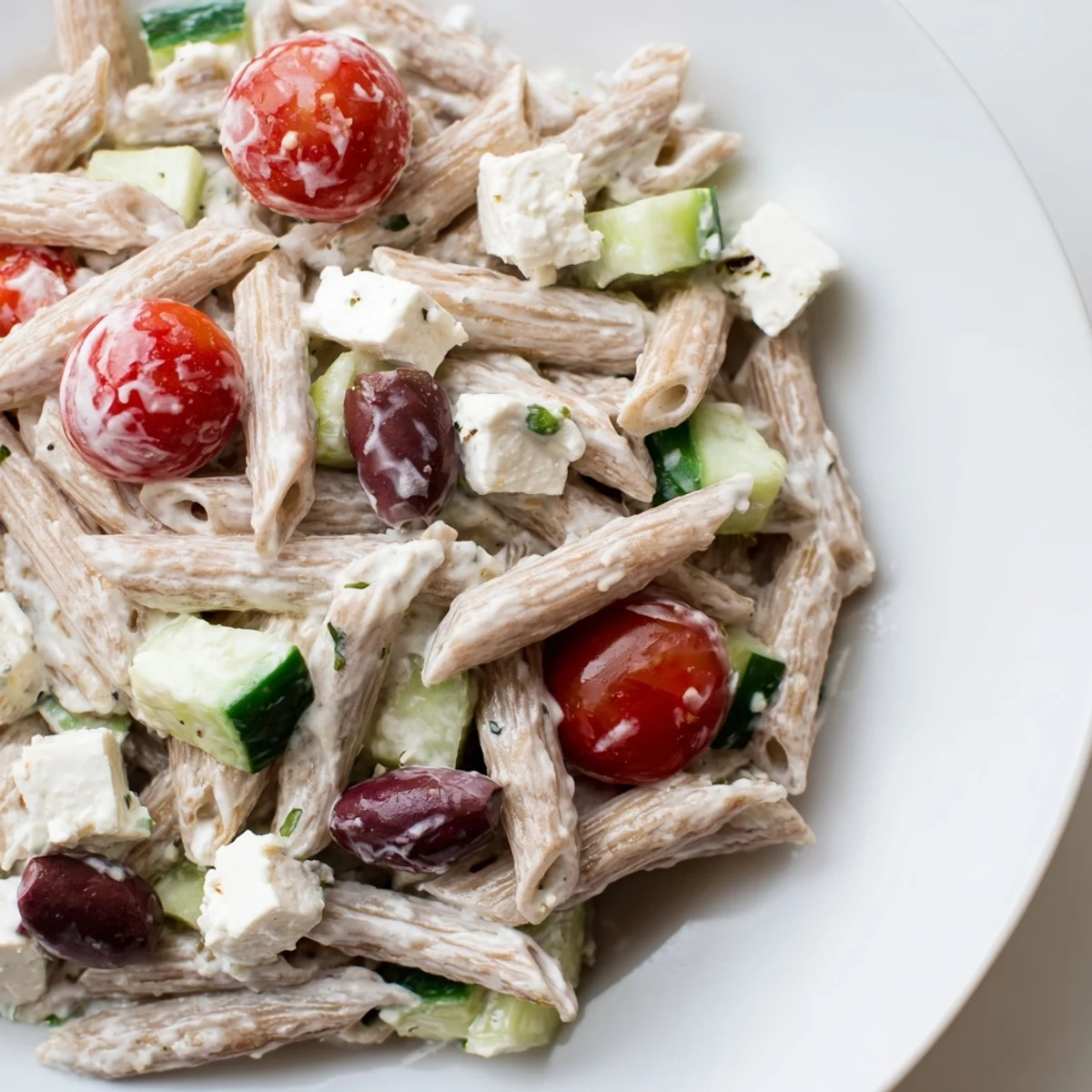 High Protein Greek Pasta Salad in a white bowl with cherry tomatoes, cucumber, and feta cheese