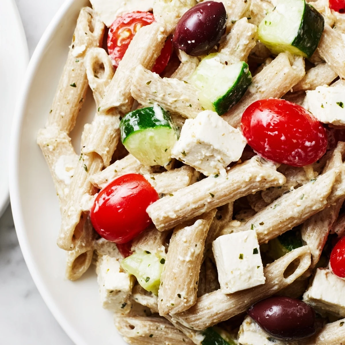 Colorful High Protein Greek Pasta Salad featuring olives, red onion, and creamy yogurt dressing