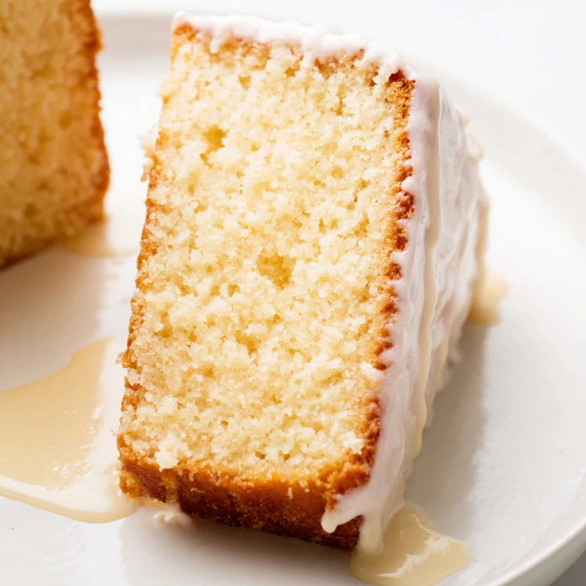 Golden church cake with vanilla glaze drizzled over a moist, tender sponge ready for sharing