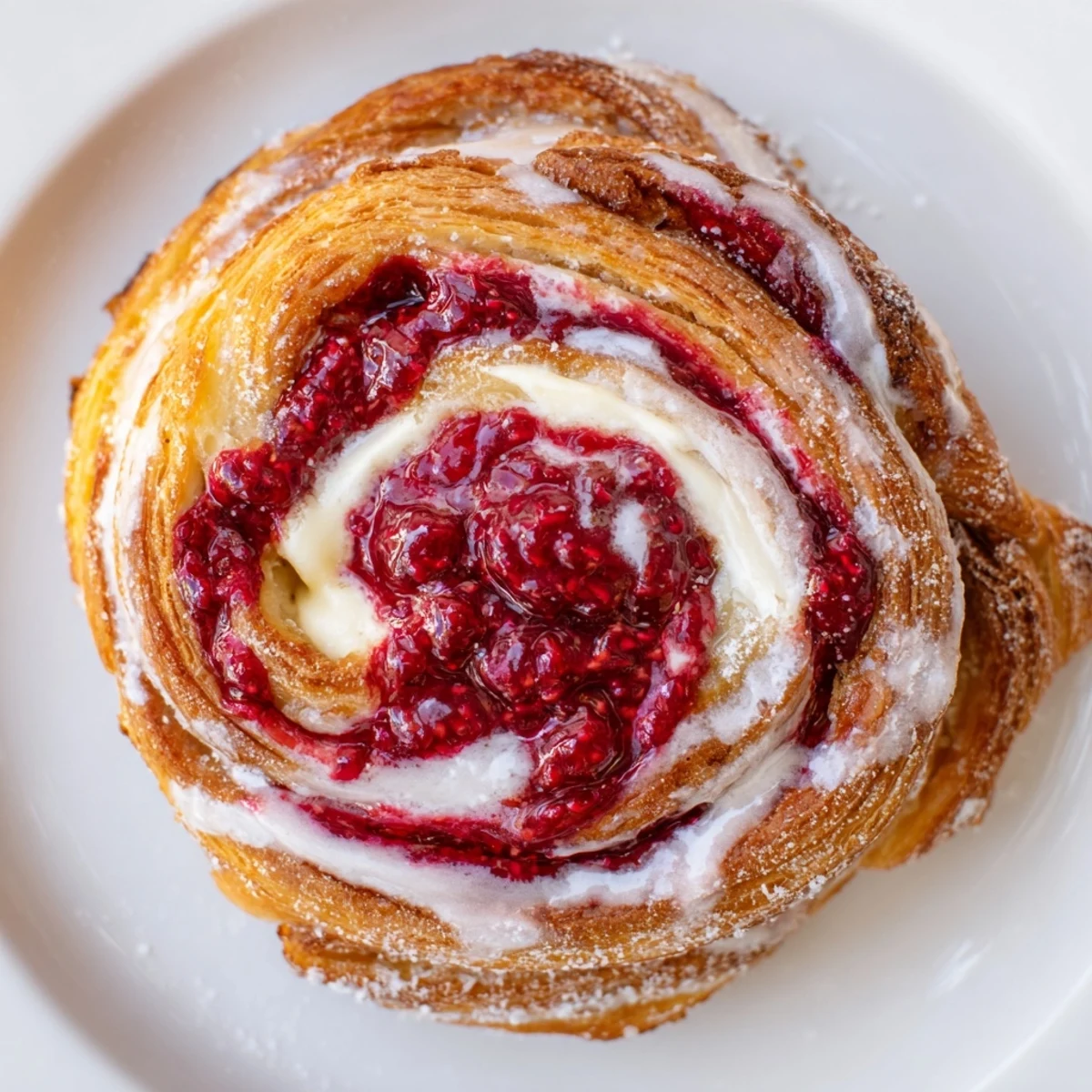 Golden sourdough discard raspberry cream cheese danishes drizzled with sweet vanilla glaze on parchment paper