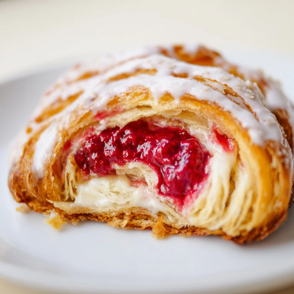 Flaky pastries filled with tangy cream cheese and bright red raspberries fresh from the oven