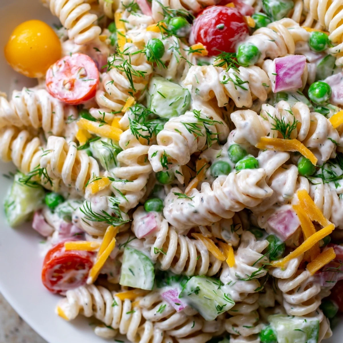 Creamy ranch pasta salad in a serving bowl dotted with red tomatoes and green peas