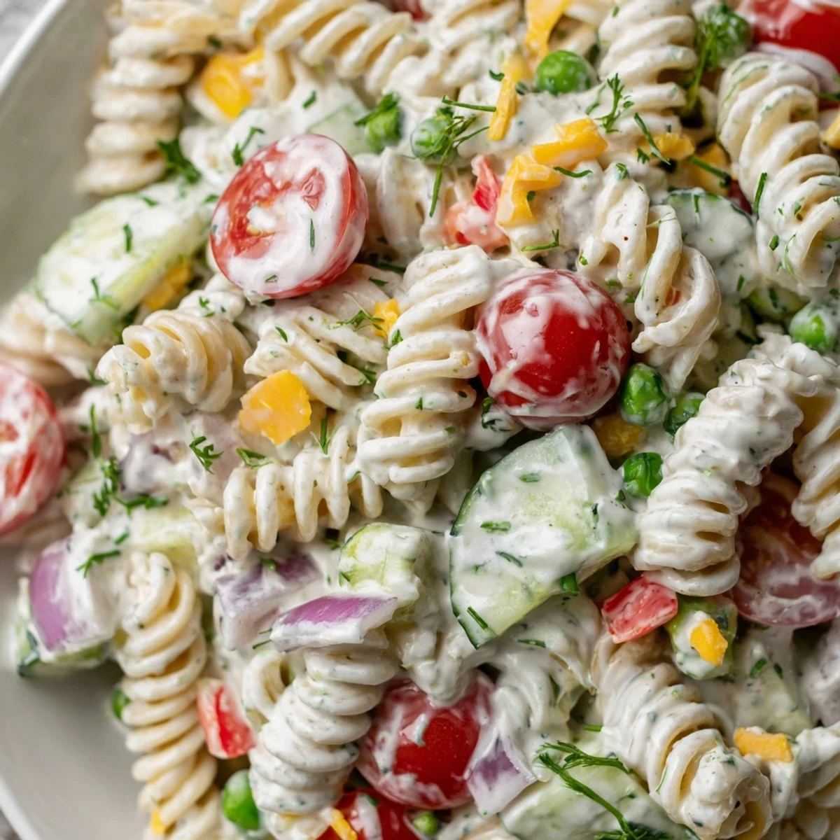 Chilled creamy ranch pasta salad topped with crisp vegetables in a creamy white dressing